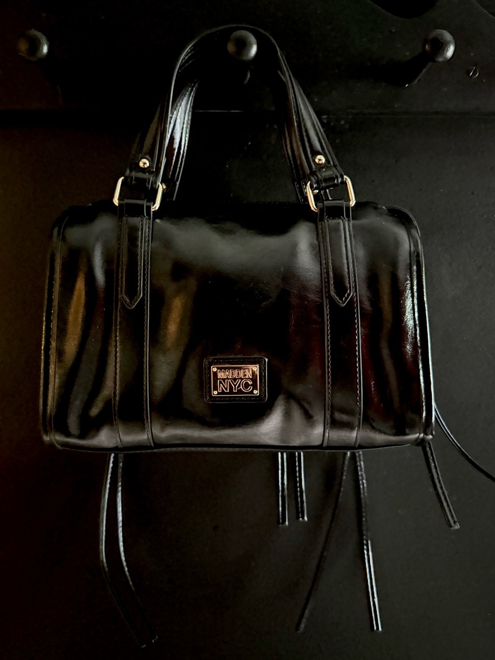 Madden NYC Black Patent Leather Satchel Bag with Gold Accents Moto Edgy